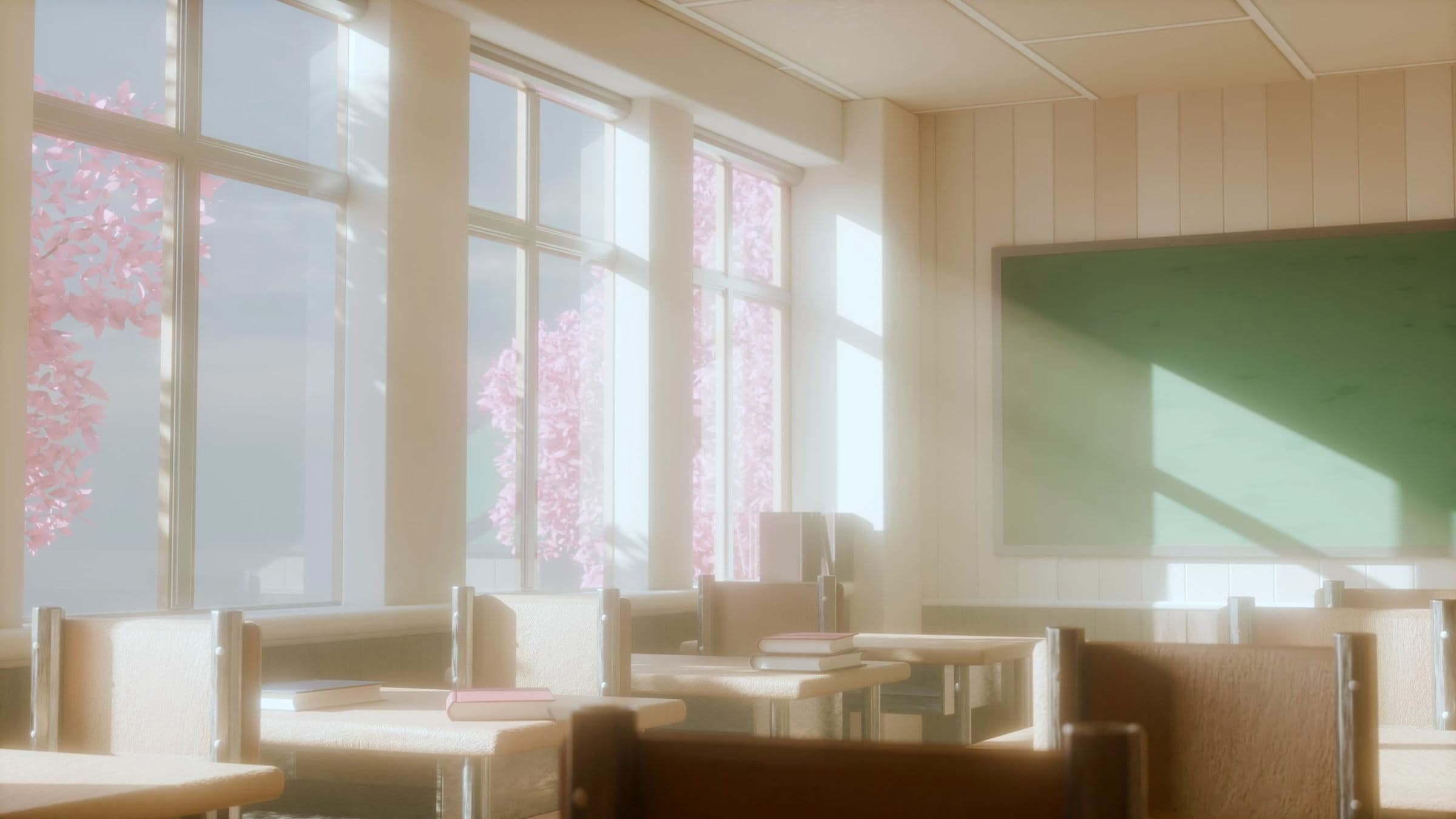 Sunlight through the tall windows of an empty classroom